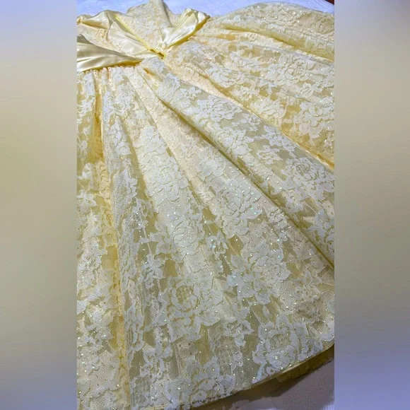 80’s ZUM ZUM Vtg Yellow Lace Frilly Satin Sequins Sash Prom Gown Wedding Dress - Picture 10 of 17